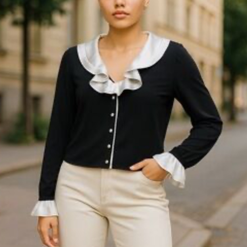 Joseph Ribkoff Slinky Blouse Ruffled collar Black White Classic or goth Sz 12